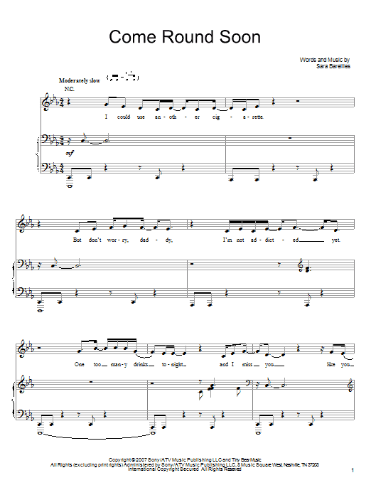 Download Sara Bareilles Come Round Soon Sheet Music and learn how to play Lyrics & Chords PDF digital score in minutes