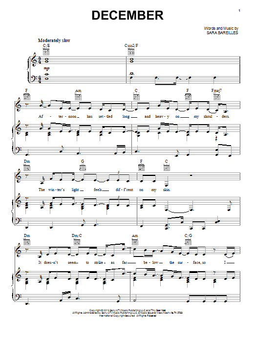 Download Sara Bareilles December Sheet Music and learn how to play Piano, Vocal & Guitar (Right-Hand Melody) PDF digital score in minutes