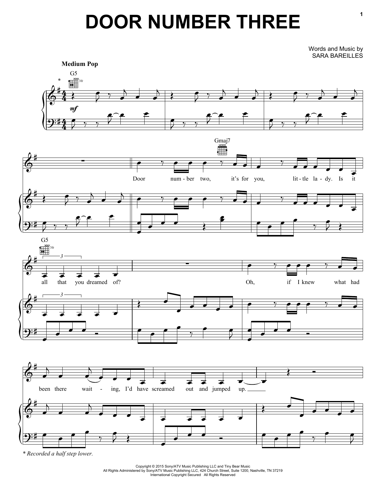 Download Sara Bareilles Door Number Three Sheet Music and learn how to play Piano, Vocal & Guitar (Right-Hand Melody) PDF digital score in minutes