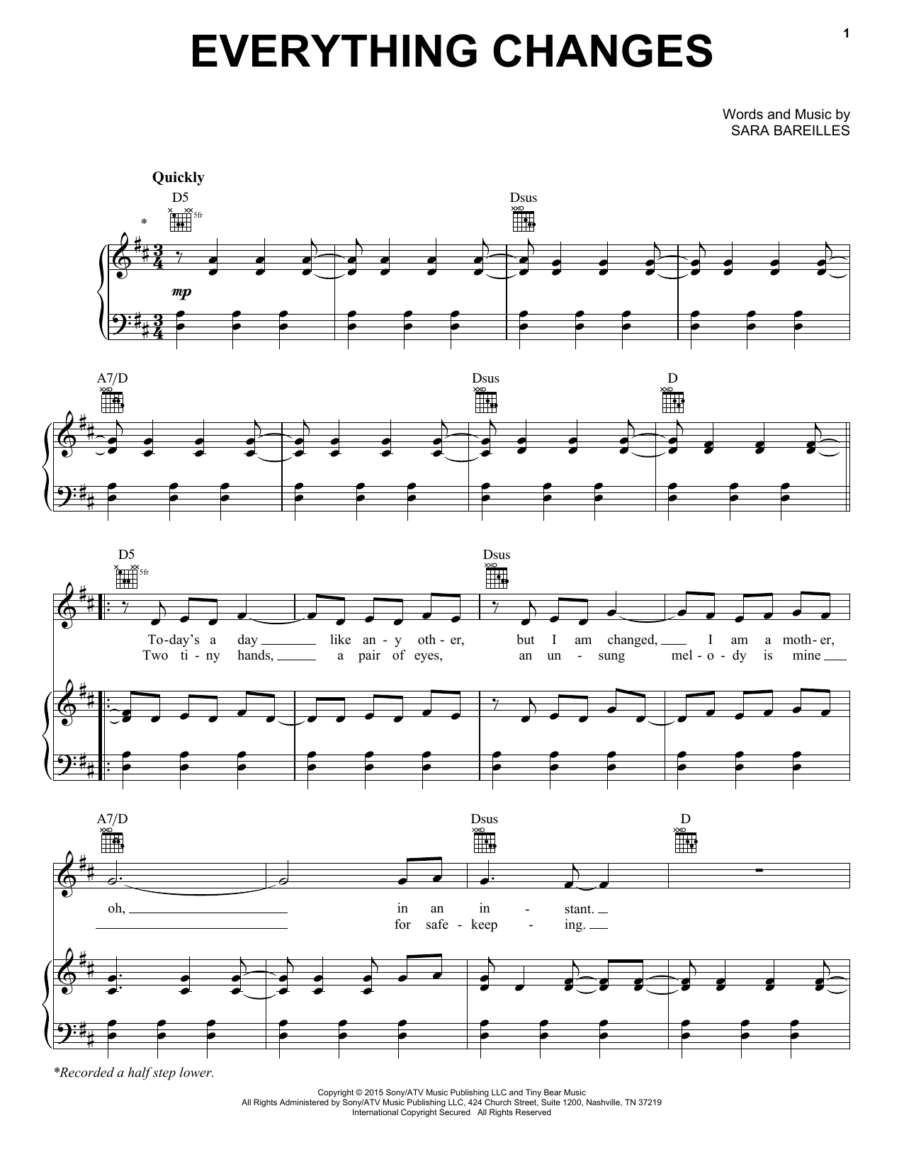 Download Sara Bareilles Everything Changes Sheet Music and learn how to play Piano & Vocal PDF digital score in minutes