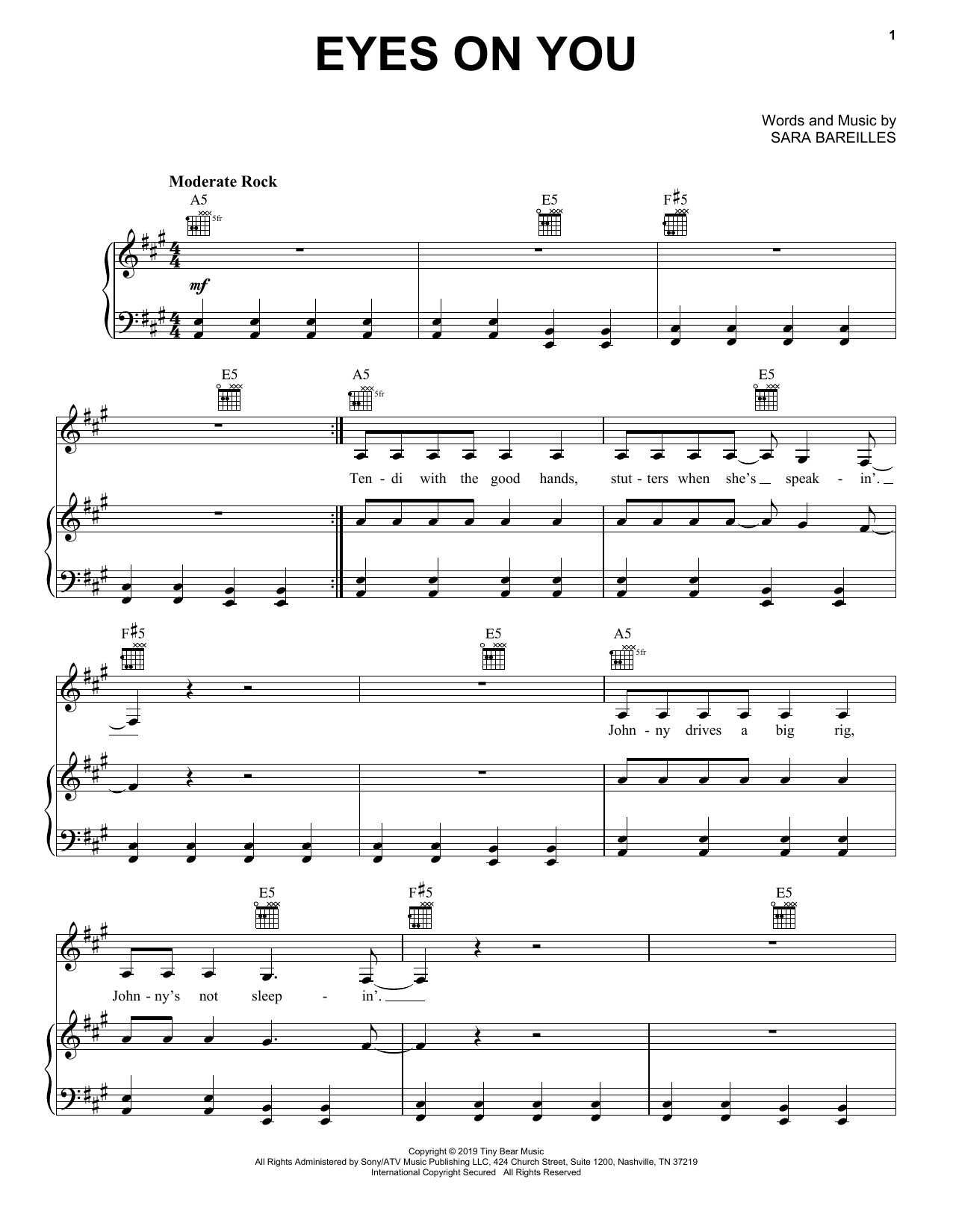 Download Sara Bareilles Eyes On You Sheet Music and learn how to play Piano, Vocal & Guitar Chords (Right-Hand Melody) PDF digital score in minutes