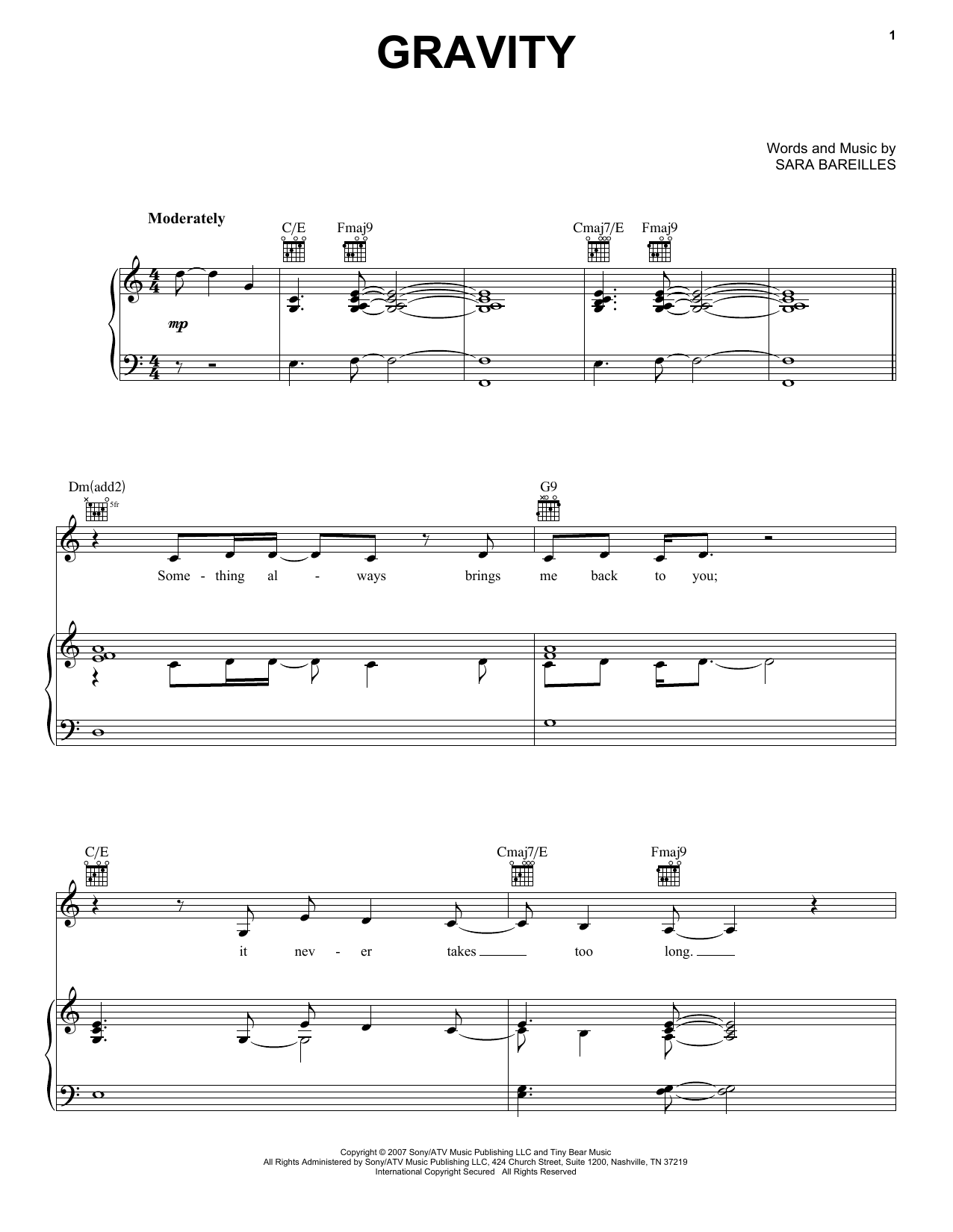 Download Sara Bareilles Gravity Sheet Music and learn how to play Piano, Vocal & Guitar (Right-Hand Melody) PDF digital score in minutes