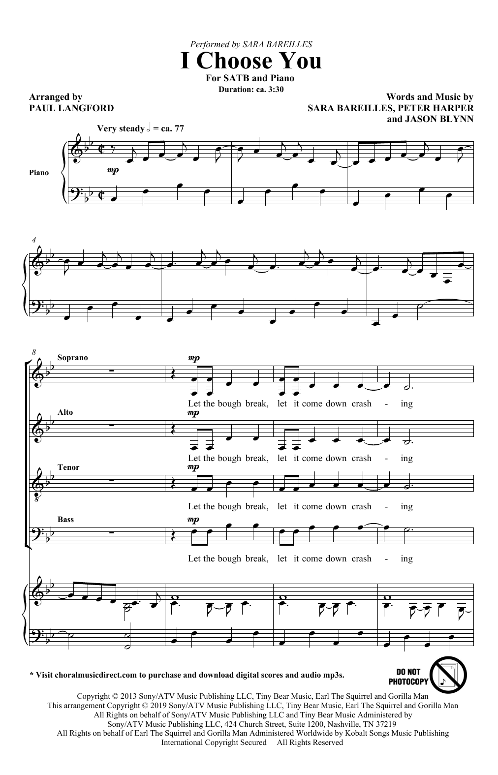 Download Sara Bareilles I Choose You (arr. Paul Langford) Sheet Music and learn how to play SATB Choir PDF digital score in minutes