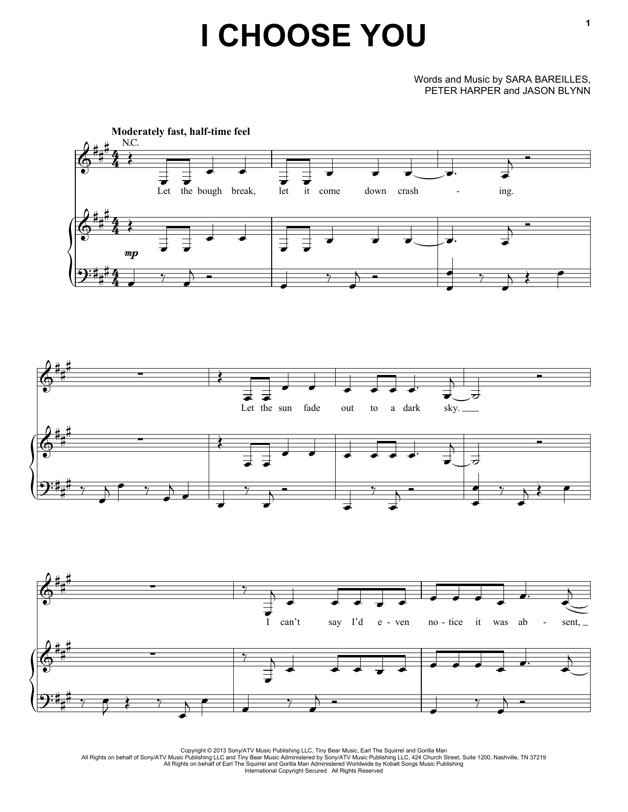 Download Sara Bareilles I Choose You Sheet Music and learn how to play Piano, Vocal & Guitar (Right-Hand Melody) PDF digital score in minutes