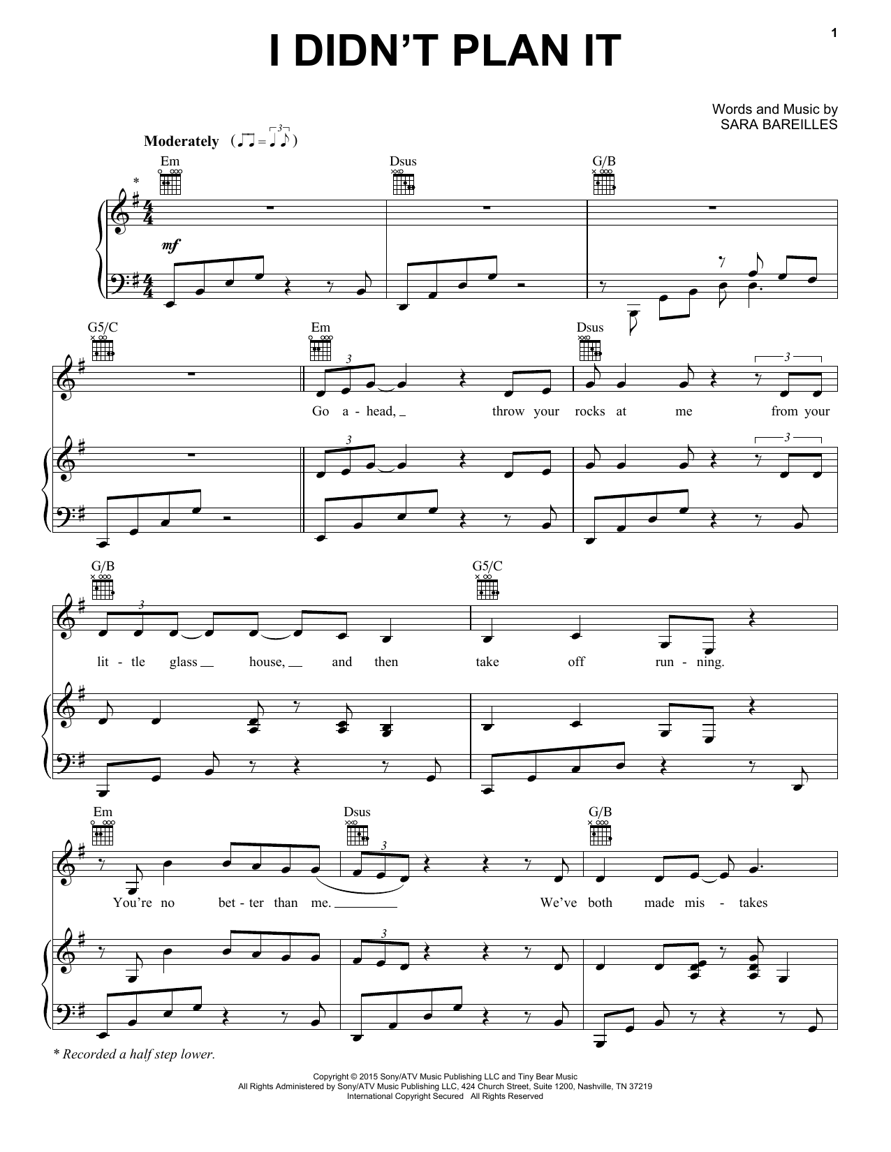 Download Sara Bareilles I Didn't Plan It Sheet Music and learn how to play Piano & Vocal PDF digital score in minutes