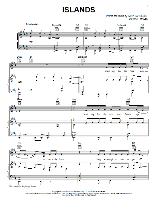 Download Sara Bareilles Islands Sheet Music and learn how to play Piano, Vocal & Guitar (Right-Hand Melody) PDF digital score in minutes
