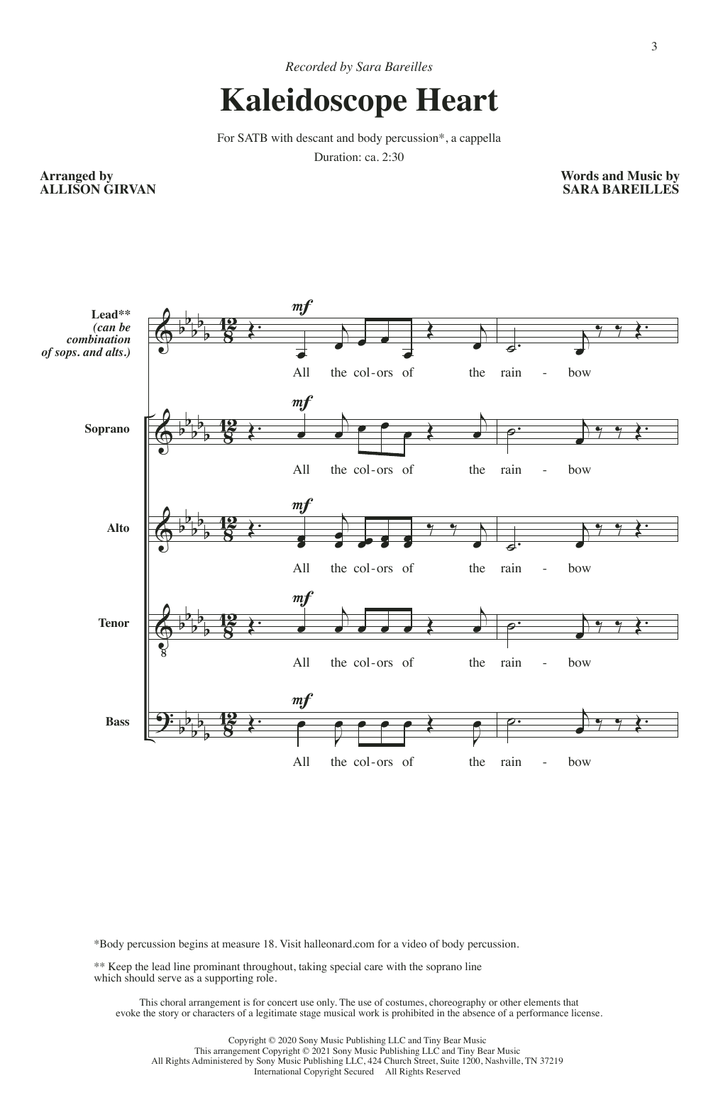Download Sara Bareilles Kaleidoscope Heart (arr. Allison Girvan) Sheet Music and learn how to play SSA Choir PDF digital score in minutes