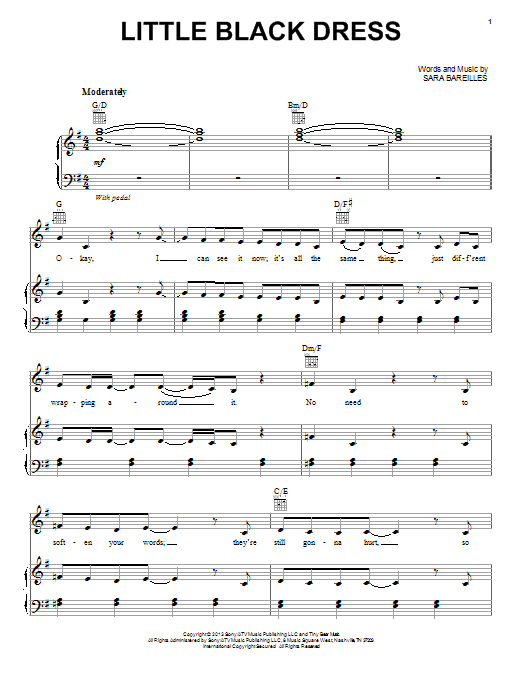 Download Sara Bareilles Little Black Dress Sheet Music and learn how to play Piano, Vocal & Guitar (Right-Hand Melody) PDF digital score in minutes