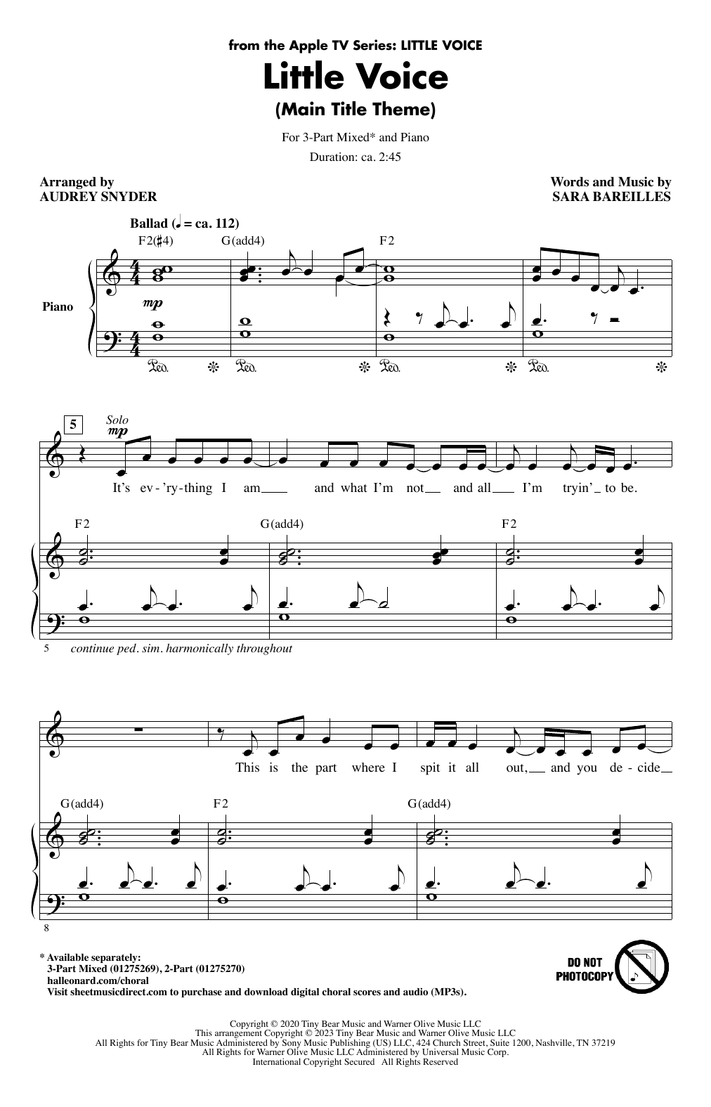 Download Sara Bareilles Little Voice - Main Title Theme (arr. Audrey Snyder) Sheet Music and learn how to play 2-Part Choir PDF digital score in minutes