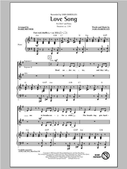 Download Sara Bareilles Love Song (arr. Mark Brymer) Sheet Music and learn how to play SSA PDF digital score in minutes