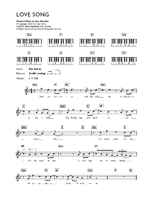 Download Sara Bareilles Love Song Sheet Music and learn how to play Piano (Big Notes) PDF digital score in minutes
