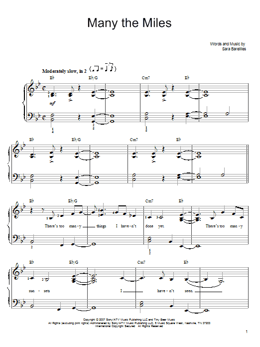 Download Sara Bareilles Many The Miles Sheet Music and learn how to play Easy Piano PDF digital score in minutes