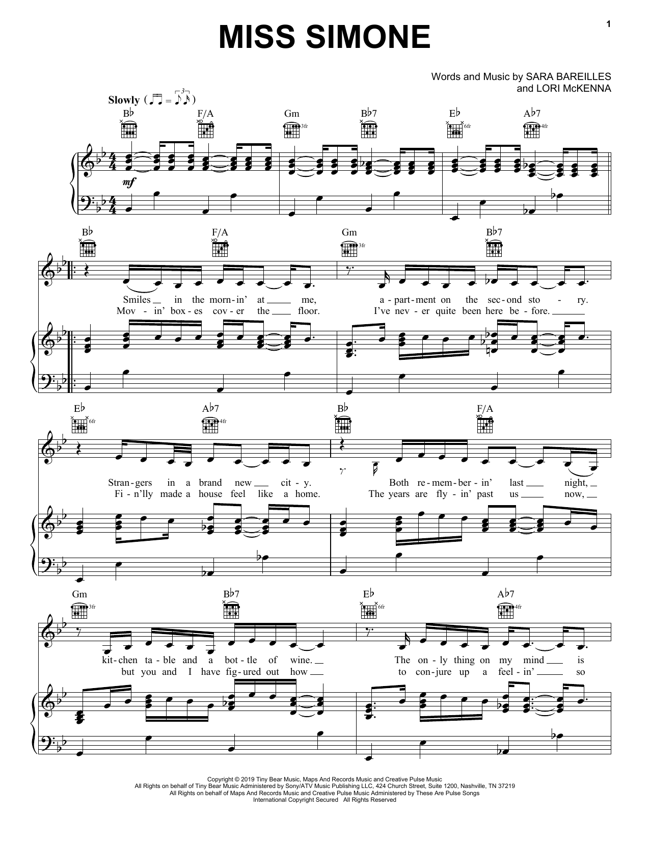 Download Sara Bareilles Miss Simone Sheet Music and learn how to play Piano, Vocal & Guitar Chords (Right-Hand Melody) PDF digital score in minutes