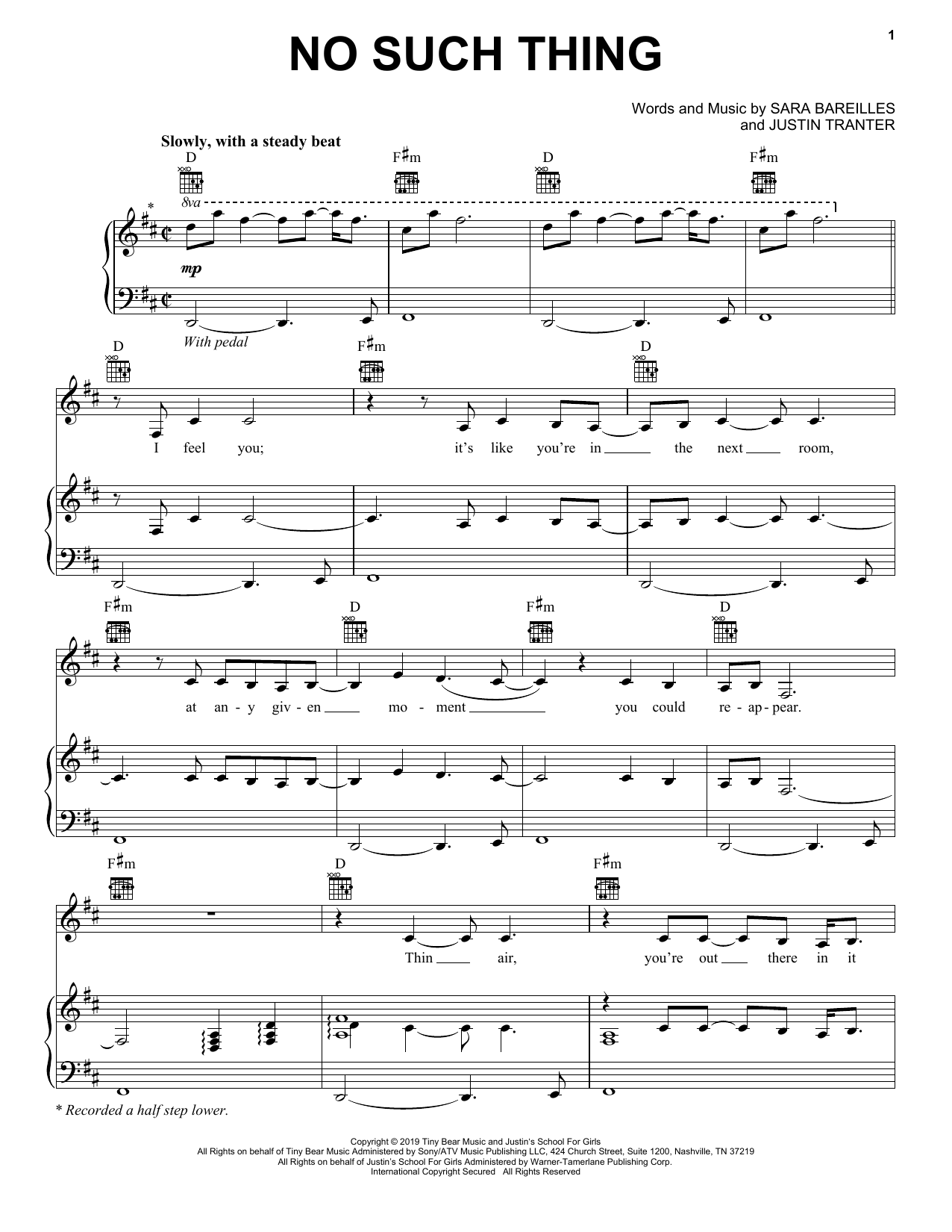 Download Sara Bareilles No Such Thing Sheet Music and learn how to play Piano, Vocal & Guitar Chords (Right-Hand Melody) PDF digital score in minutes