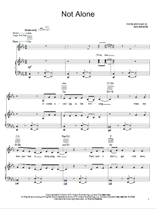 Download Sara Bareilles Not Alone Sheet Music and learn how to play Piano, Vocal & Guitar (Right-Hand Melody) PDF digital score in minutes