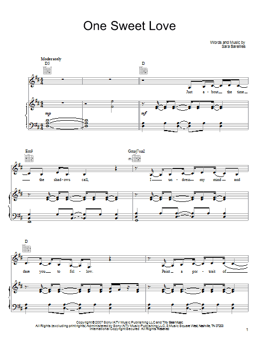 Download Sara Bareilles One Sweet Love Sheet Music and learn how to play Piano, Vocal & Guitar (Right-Hand Melody) PDF digital score in minutes