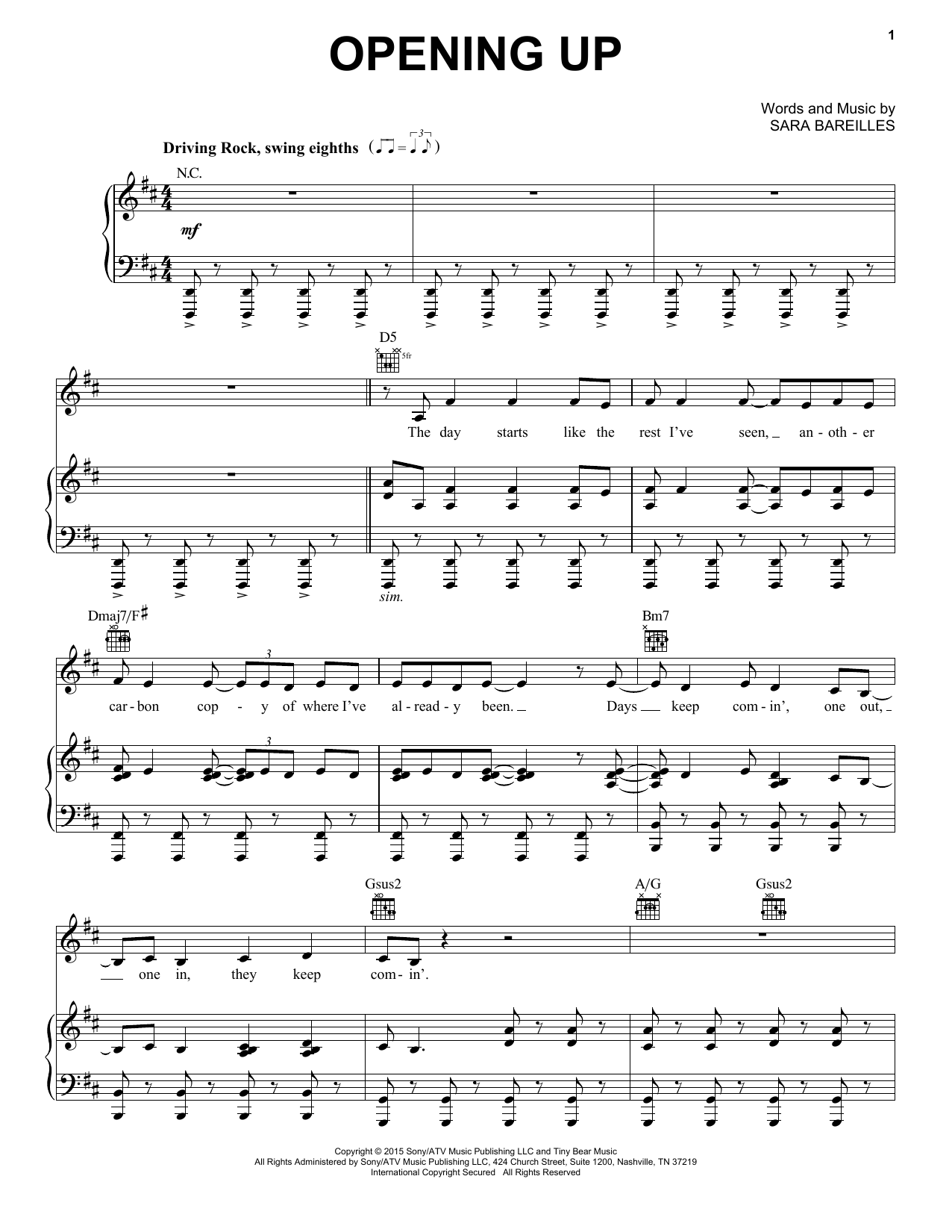 Download Sara Bareilles Opening Up Sheet Music and learn how to play Piano & Vocal PDF digital score in minutes