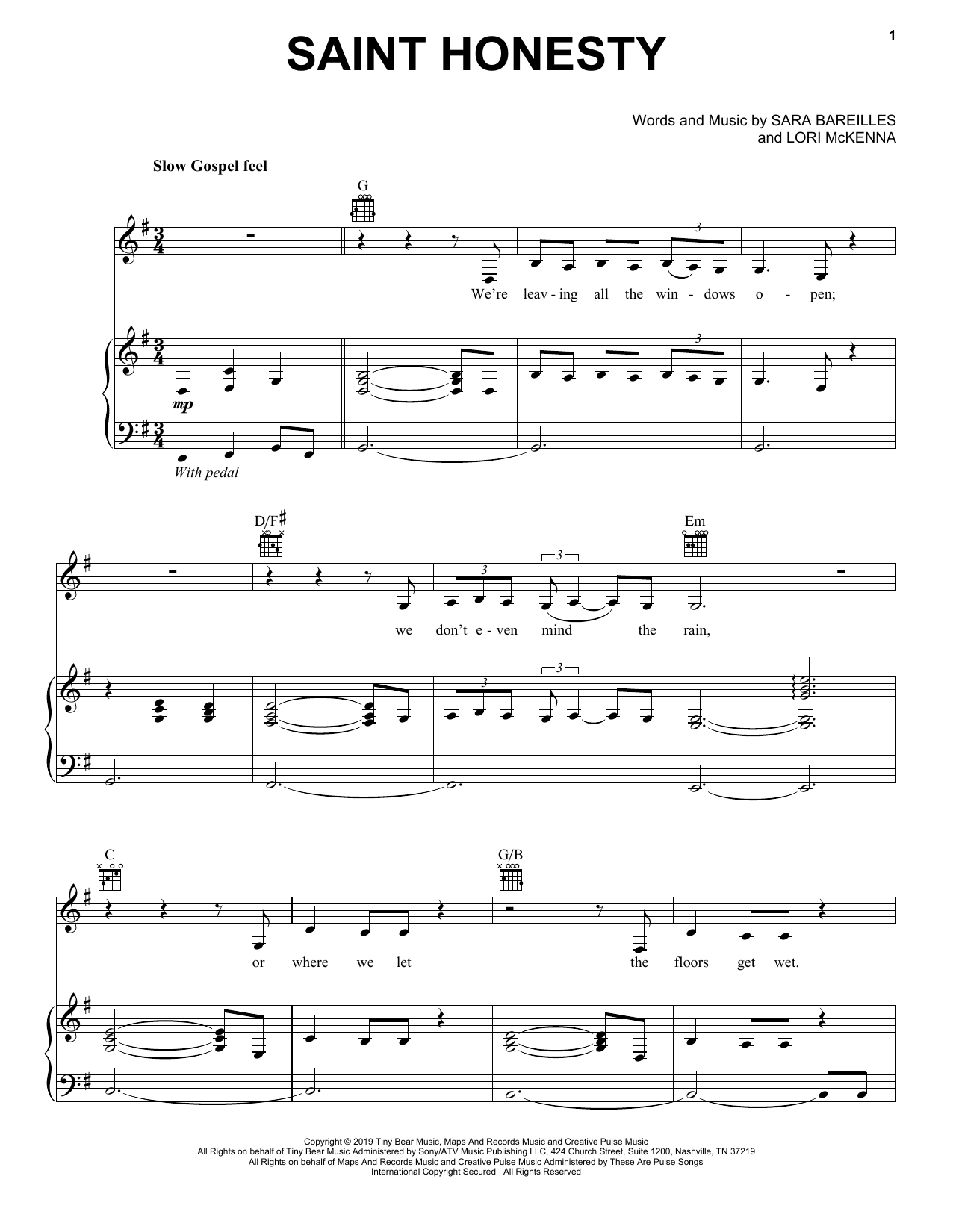 Download Sara Bareilles Saint Honesty Sheet Music and learn how to play Piano, Vocal & Guitar Chords (Right-Hand Melody) PDF digital score in minutes