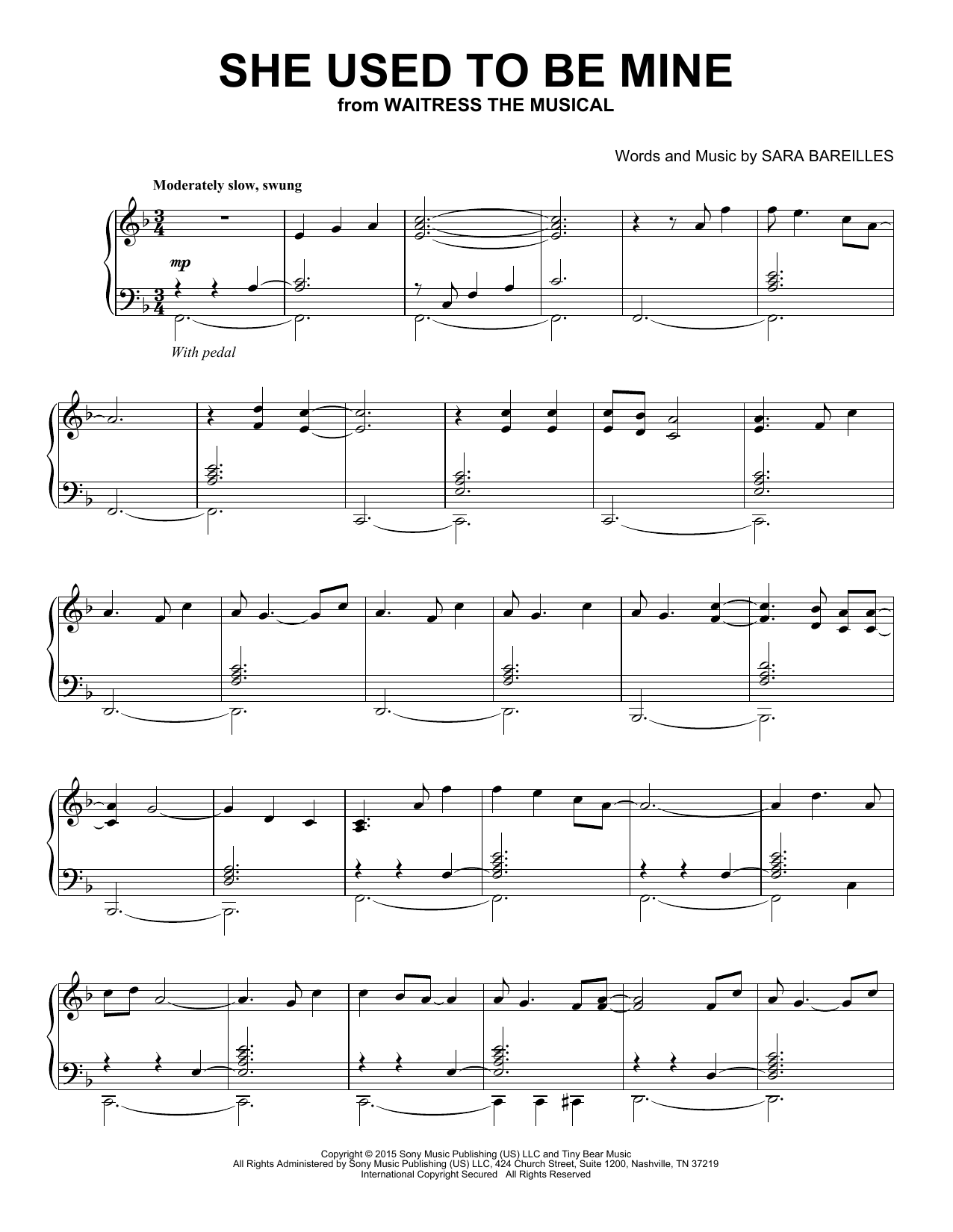 Download Sara Bareilles She Used To Be Mine (from Waitress) (Peaceful Piano Solo) Sheet Music and learn how to play Piano Solo PDF digital score in minutes
