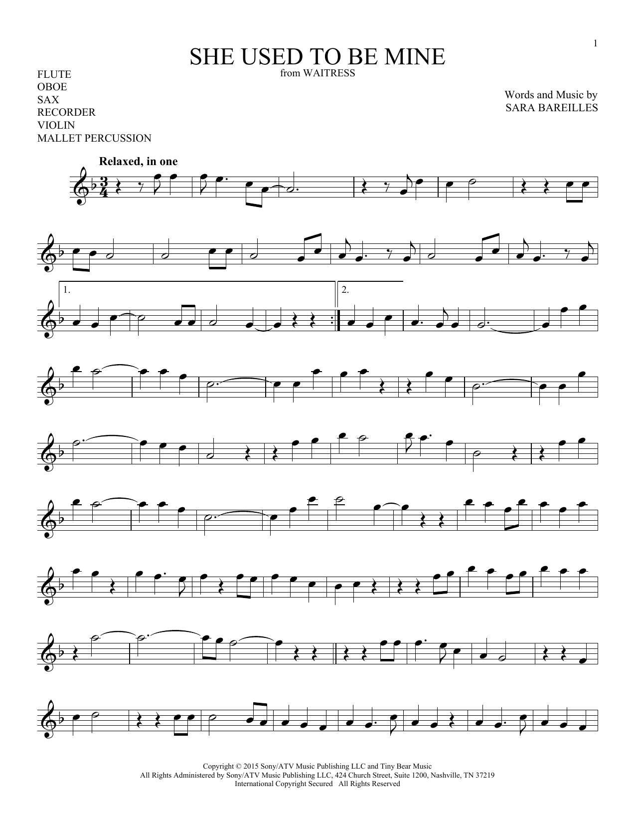 Download Sara Bareilles She Used To Be Mine (from Waitress) Sheet Music and learn how to play Instrumental Solo – Treble Clef High Range PDF digital score in minutes