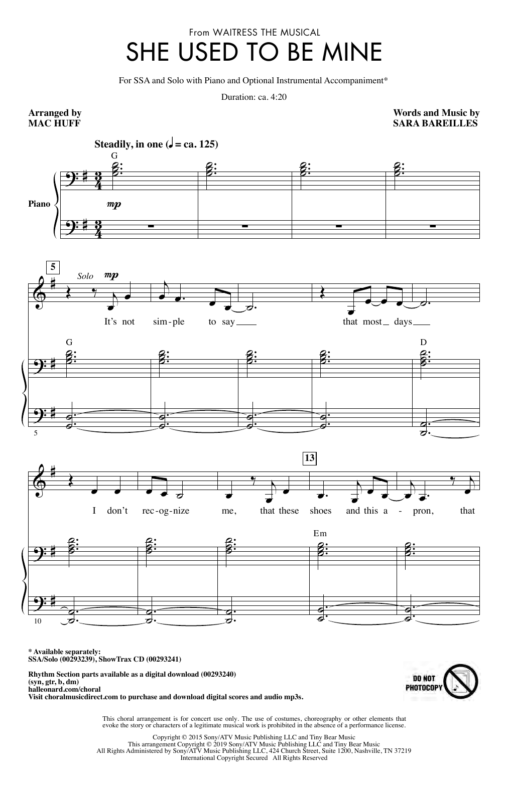 Download Sara Bareilles She Used To Be Mine (from Waitress the Musical) (arr. Mac Huff) Sheet Music and learn how to play SSA Choir PDF digital score in minutes