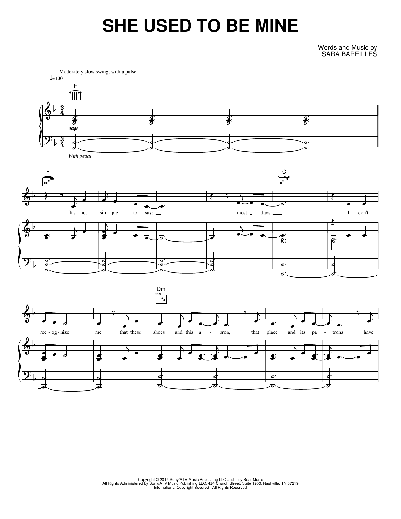 Download Sara Bareilles She Used To Be Mine Sheet Music and learn how to play Piano, Vocal & Guitar Chords (Right-Hand Melody) PDF digital score in minutes