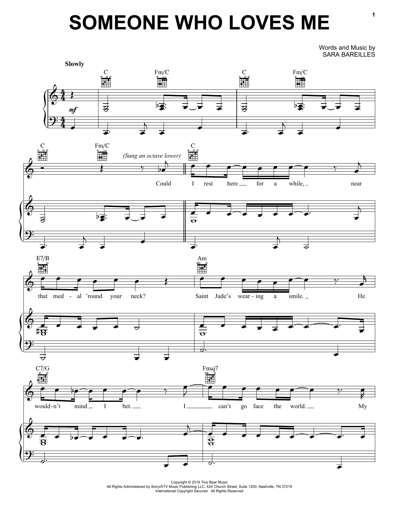 Download Sara Bareilles Someone Who Loves Me Sheet Music and learn how to play Piano, Vocal & Guitar Chords (Right-Hand Melody) PDF digital score in minutes