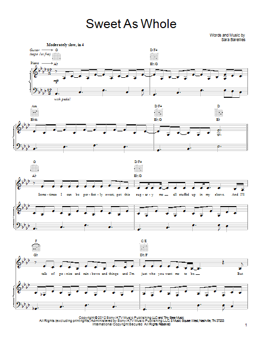 Download Sara Bareilles Sweet As Whole Sheet Music and learn how to play Lyrics & Chords PDF digital score in minutes