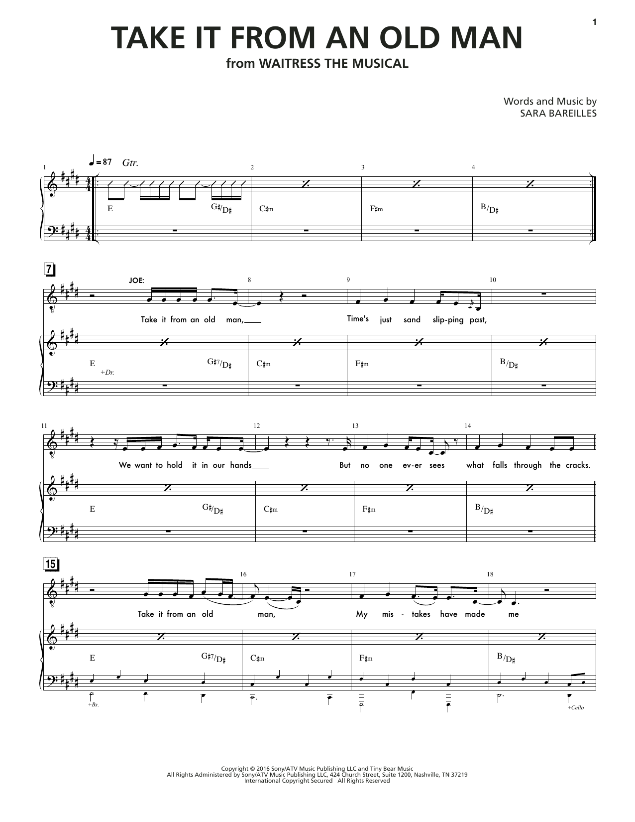 Download Sara Bareilles Take It From An Old Man Sheet Music and learn how to play Piano & Vocal PDF digital score in minutes