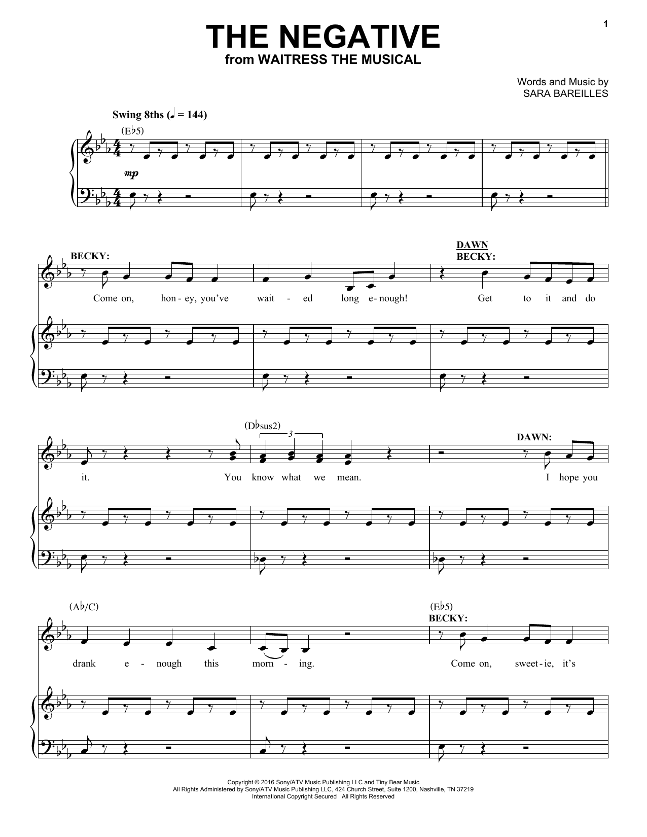 Download Sara Bareilles The Negative Sheet Music and learn how to play Piano & Vocal PDF digital score in minutes