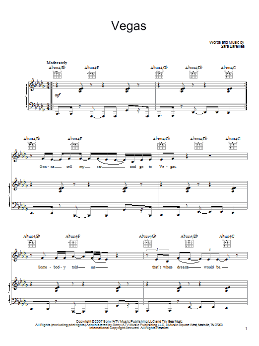 Download Sara Bareilles Vegas Sheet Music and learn how to play Lyrics & Chords PDF digital score in minutes