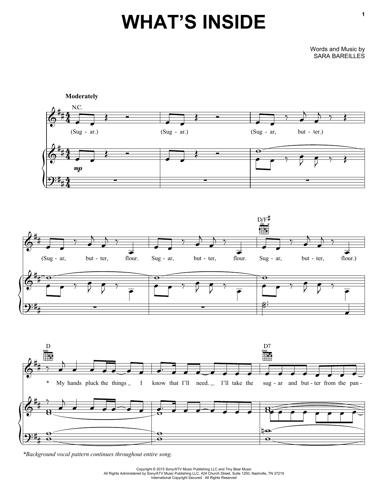 Download Sara Bareilles What's Inside Sheet Music and learn how to play Piano & Vocal PDF digital score in minutes