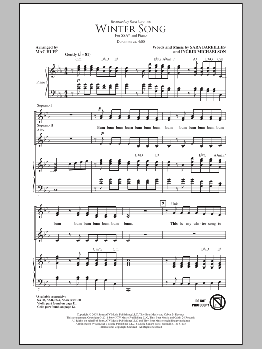 Download Sara Bareilles Winter Song (arr. Mac Huff) Sheet Music and learn how to play SAB PDF digital score in minutes