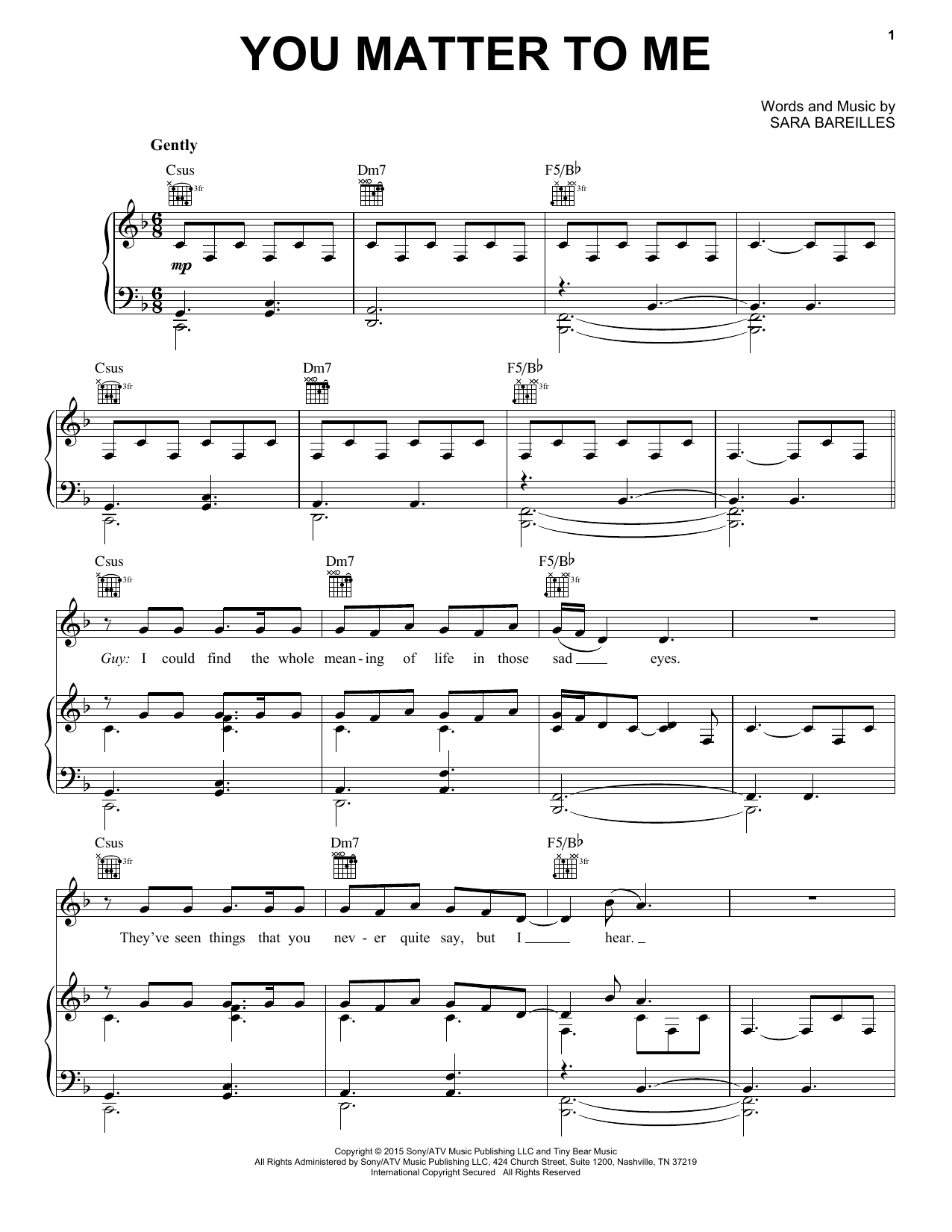 Download Sara Bareilles You Matter To Me Sheet Music and learn how to play Piano & Vocal PDF digital score in minutes