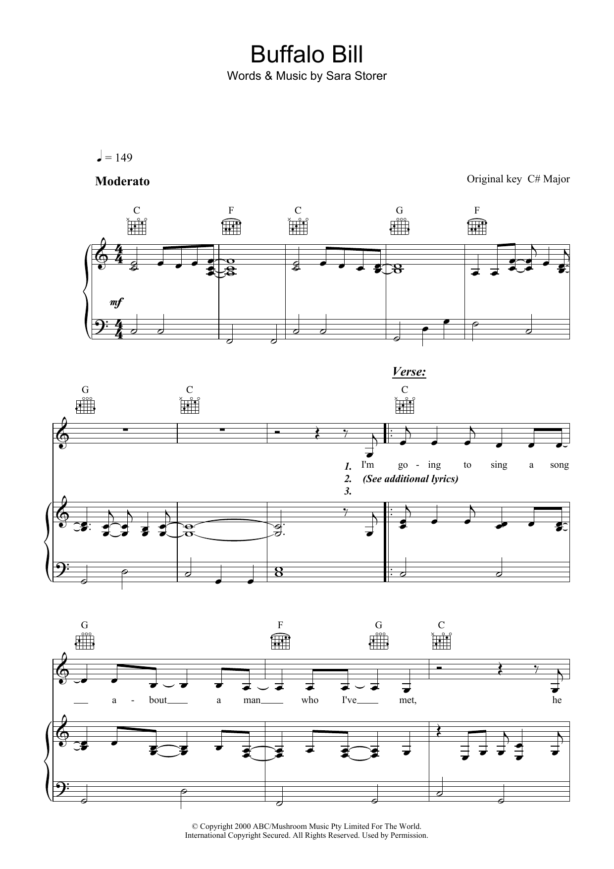 Download Sara Storer Buffalo Bill Sheet Music and learn how to play Piano, Vocal & Guitar (Right-Hand Melody) PDF digital score in minutes