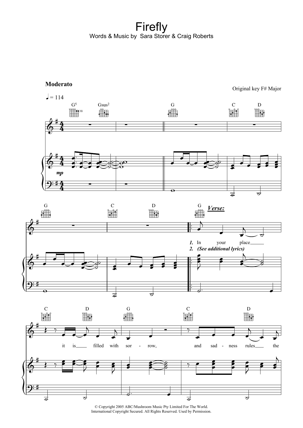 Download Sara Storer Firefly Sheet Music and learn how to play Piano, Vocal & Guitar (Right-Hand Melody) PDF digital score in minutes