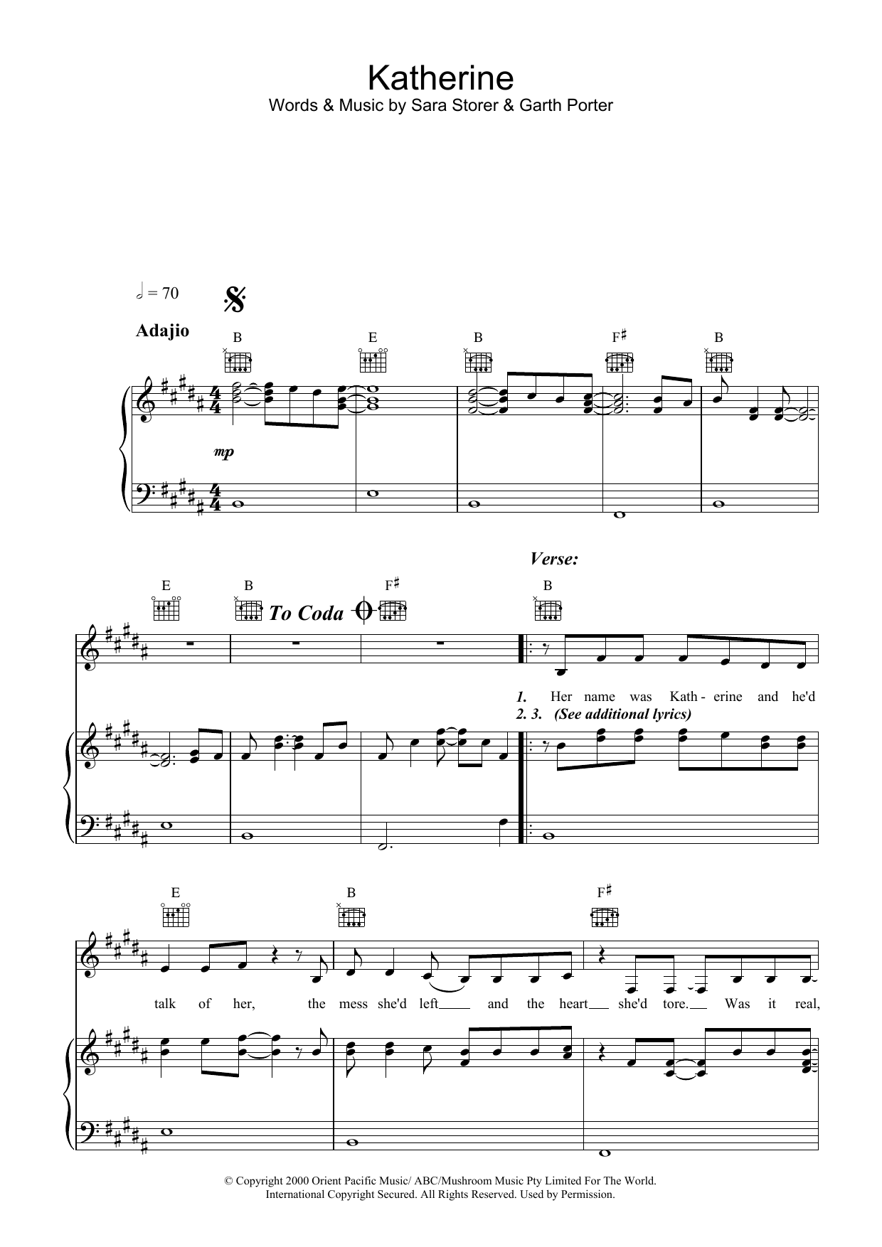 Download Sara Storer Katherine Sheet Music and learn how to play Piano, Vocal & Guitar (Right-Hand Melody) PDF digital score in minutes