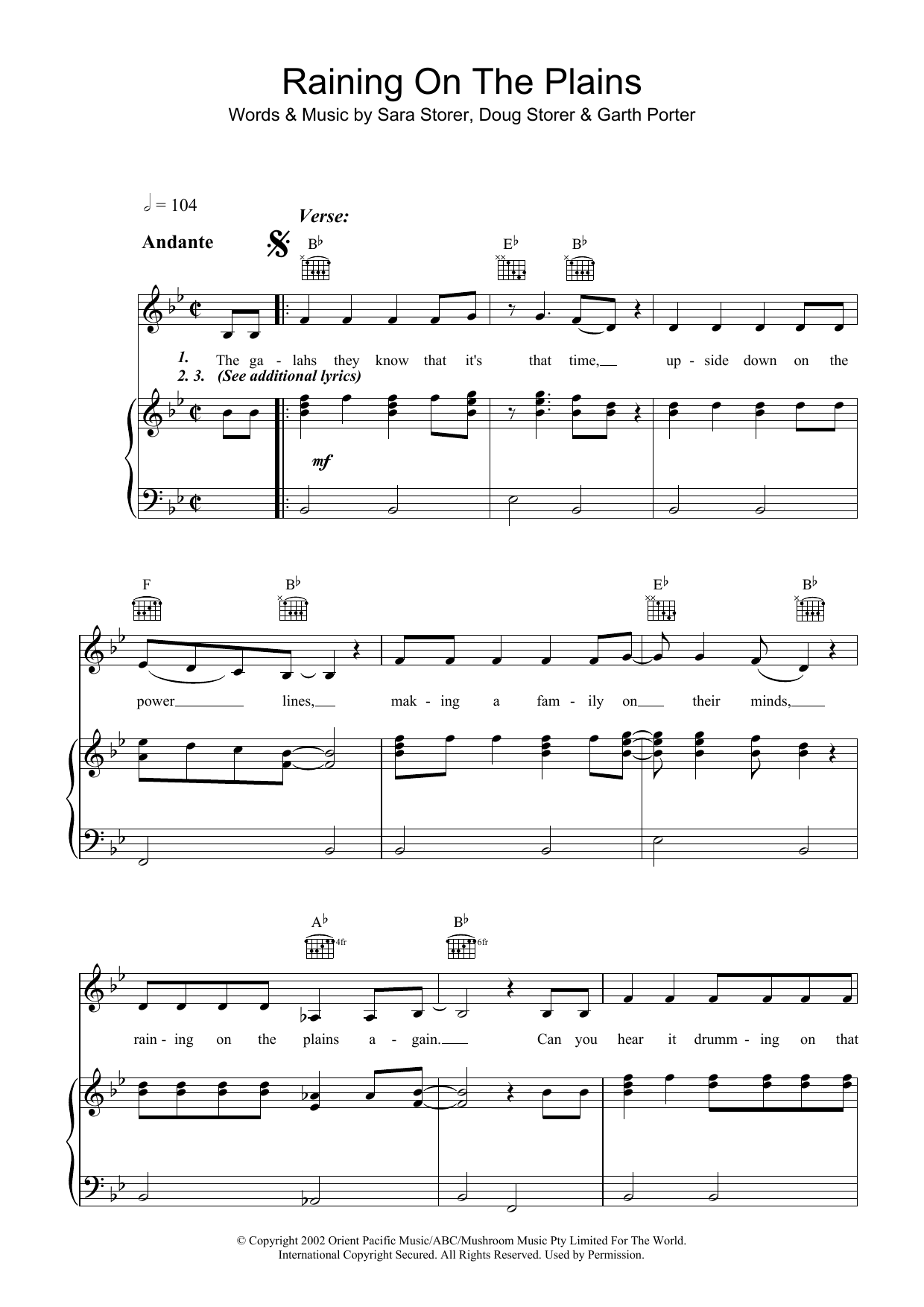 Download Sara Storer Raining On The Plains Sheet Music and learn how to play Piano, Vocal & Guitar (Right-Hand Melody) PDF digital score in minutes