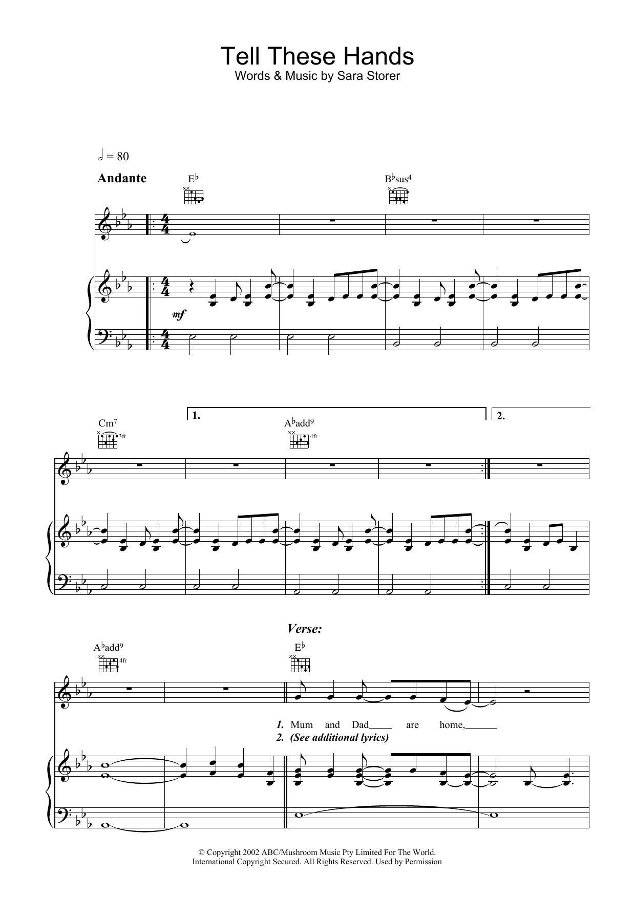 Download Sara Storer Tell These Hands Sheet Music and learn how to play Piano, Vocal & Guitar (Right-Hand Melody) PDF digital score in minutes