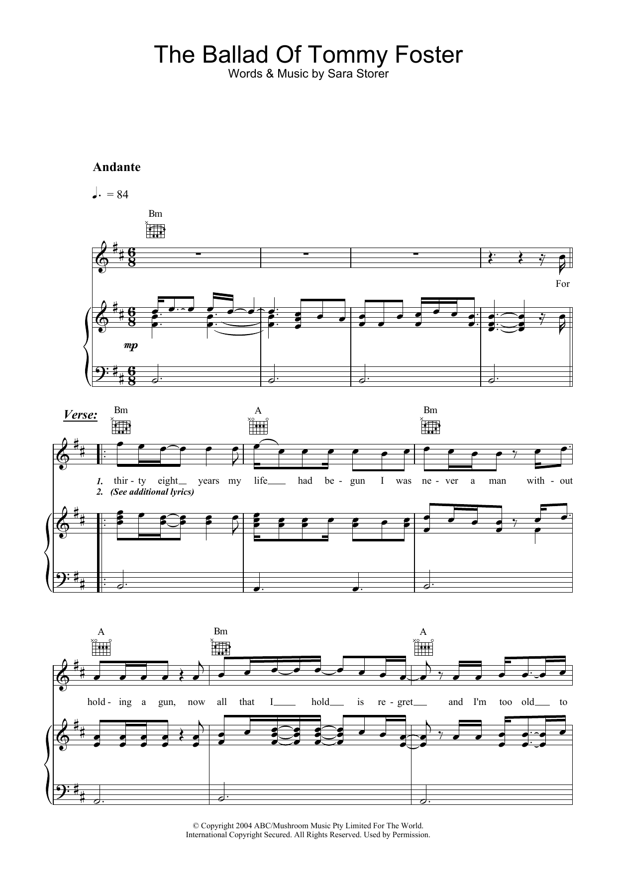 Download Sara Storer The Ballad Of Tommy Foster Sheet Music and learn how to play Piano, Vocal & Guitar (Right-Hand Melody) PDF digital score in minutes