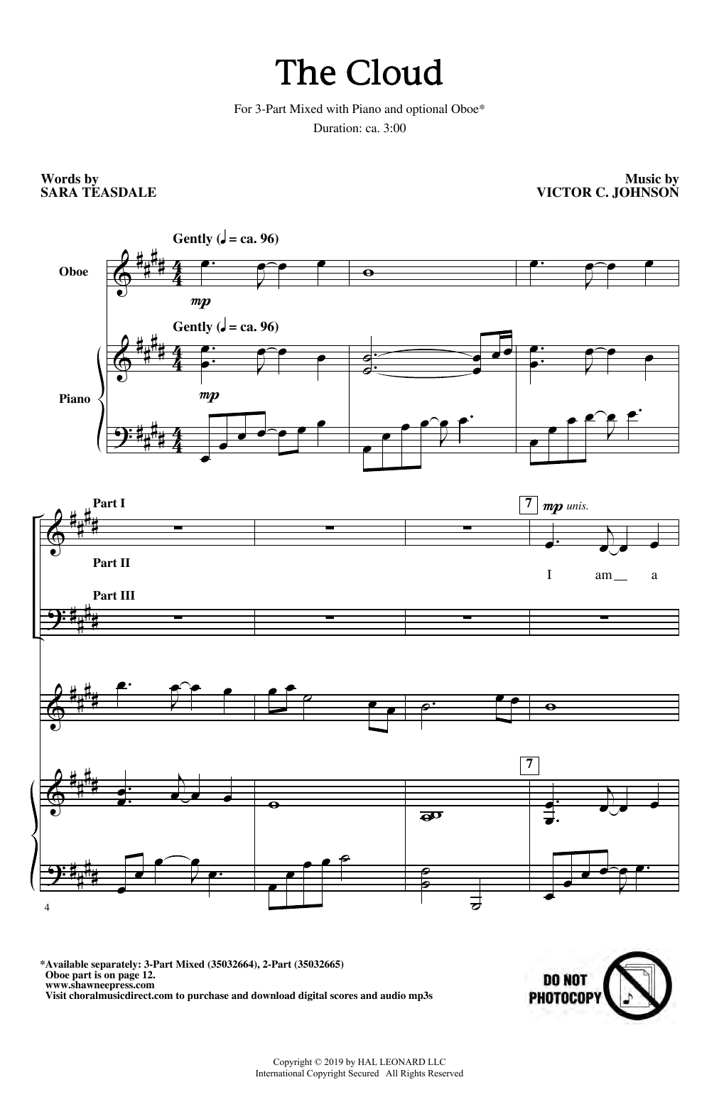 Download Sara Teasdale & Victor C. Johnson The Cloud Sheet Music and learn how to play 3-Part Mixed Choir PDF digital score in minutes