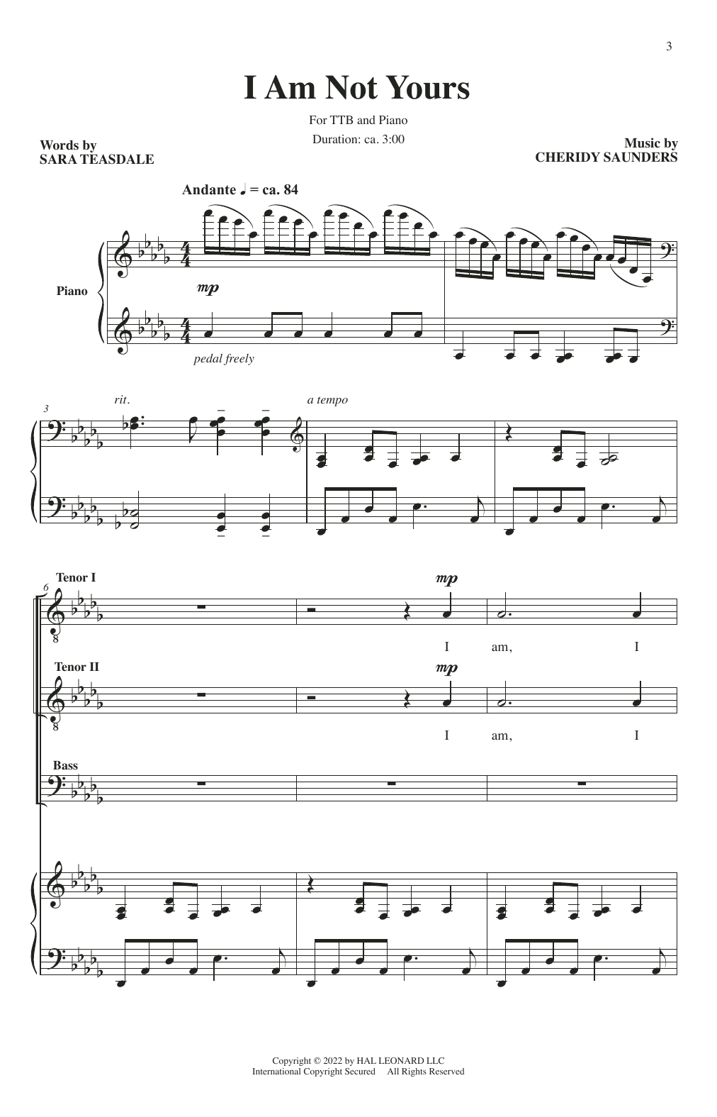 Download Sara Teasdale and Cheridy Saunders I Am Not Yours Sheet Music and learn how to play TTB Choir PDF digital score in minutes