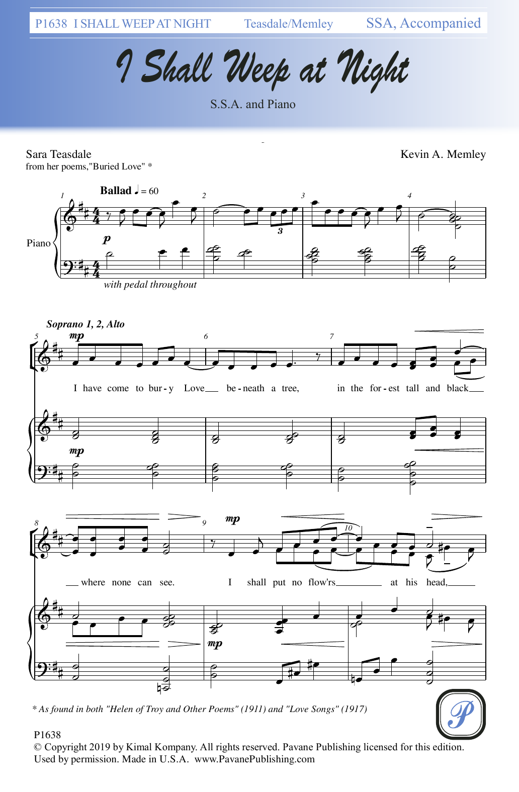 Download Sara Teasdale and Kevin A. Memley I Shall Weep at Night Sheet Music and learn how to play SSA Choir PDF digital score in minutes