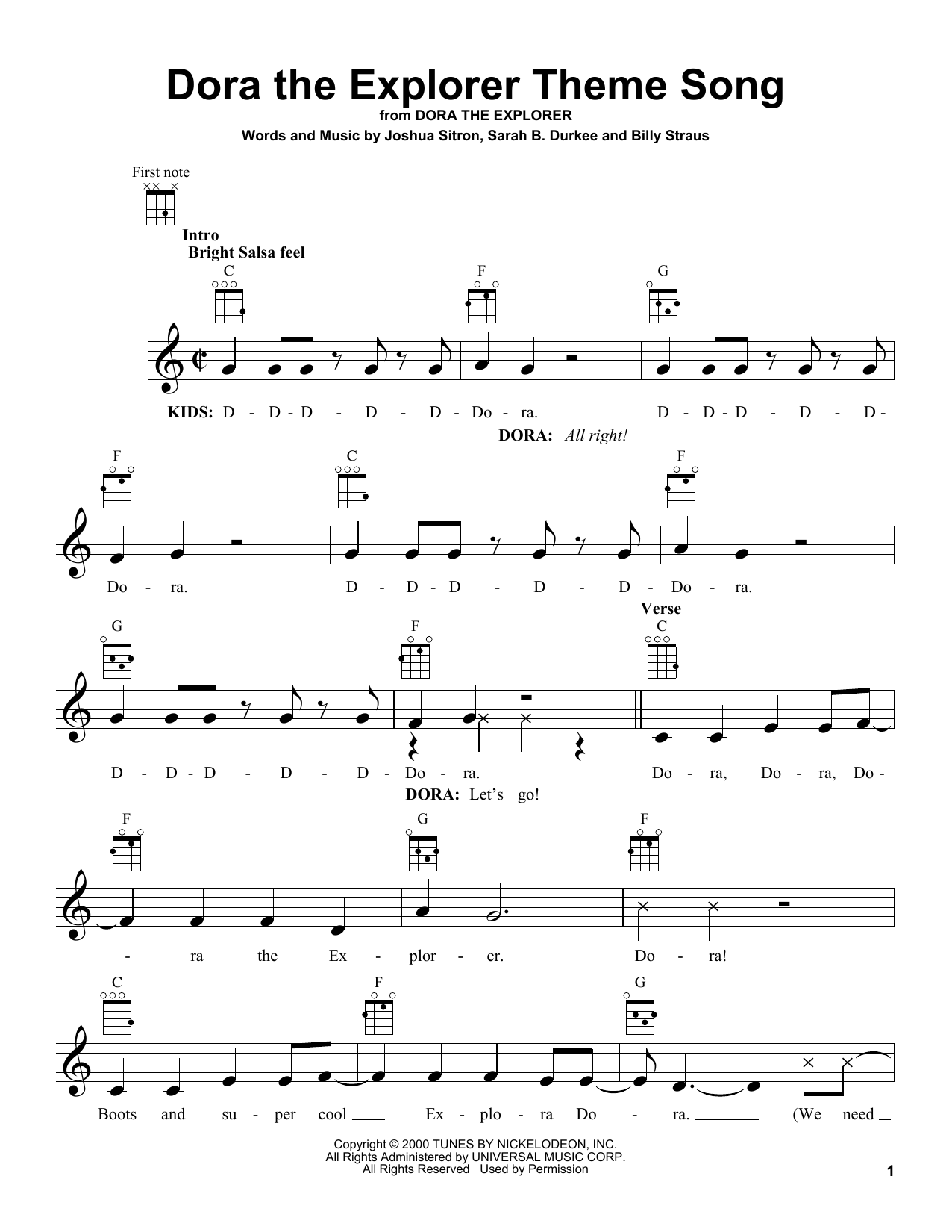 Download Sarah B. Durkee Dora The Explorer Theme Song Sheet Music and learn how to play Ukulele PDF digital score in minutes