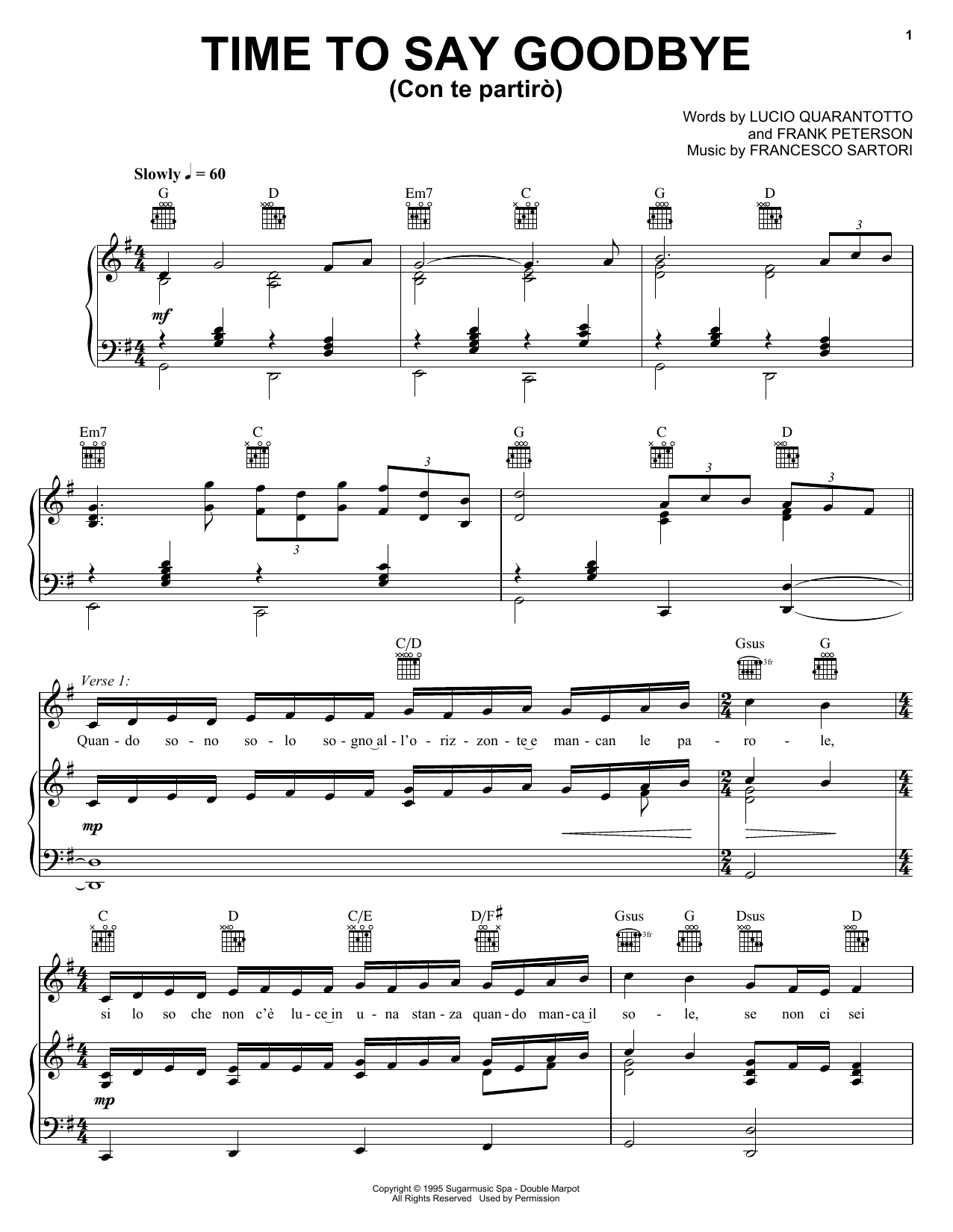 Download Andrea Bocelli & Sarah Brightman Time To Say Goodbye Sheet Music and learn how to play Piano, Vocal & Guitar (Right-Hand Melody) PDF digital score in minutes