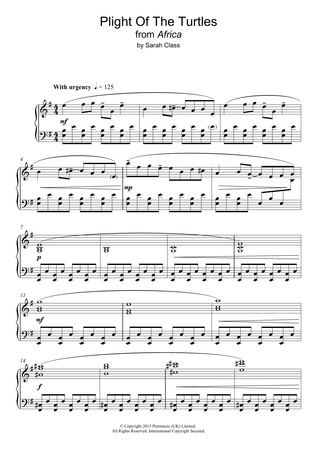 Download Sarah Class Plight Of The Turtles (from 'Africa') Sheet Music and learn how to play Piano PDF digital score in minutes
