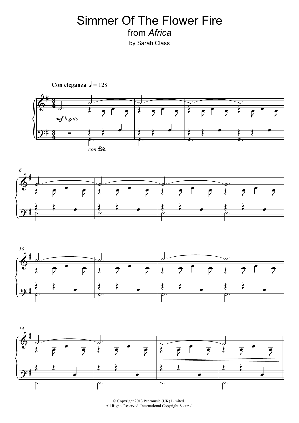 Download Sarah Class Simmer Of The Flower Fire (from 'Africa') Sheet Music and learn how to play Piano PDF digital score in minutes