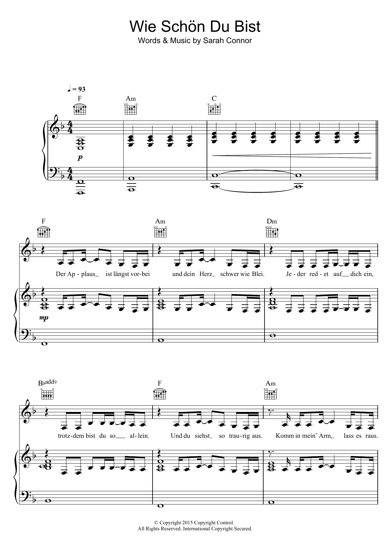 Download Sarah Connor Wie Schon Du Bist Sheet Music and learn how to play Piano, Vocal & Guitar PDF digital score in minutes