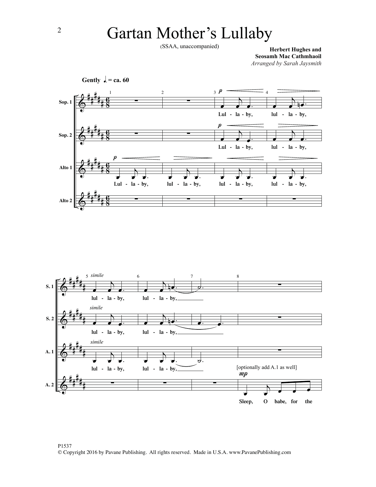 Download Sarah Jaysmith Gartan Mother's Lullaby Sheet Music and learn how to play SSAA Choir PDF digital score in minutes
