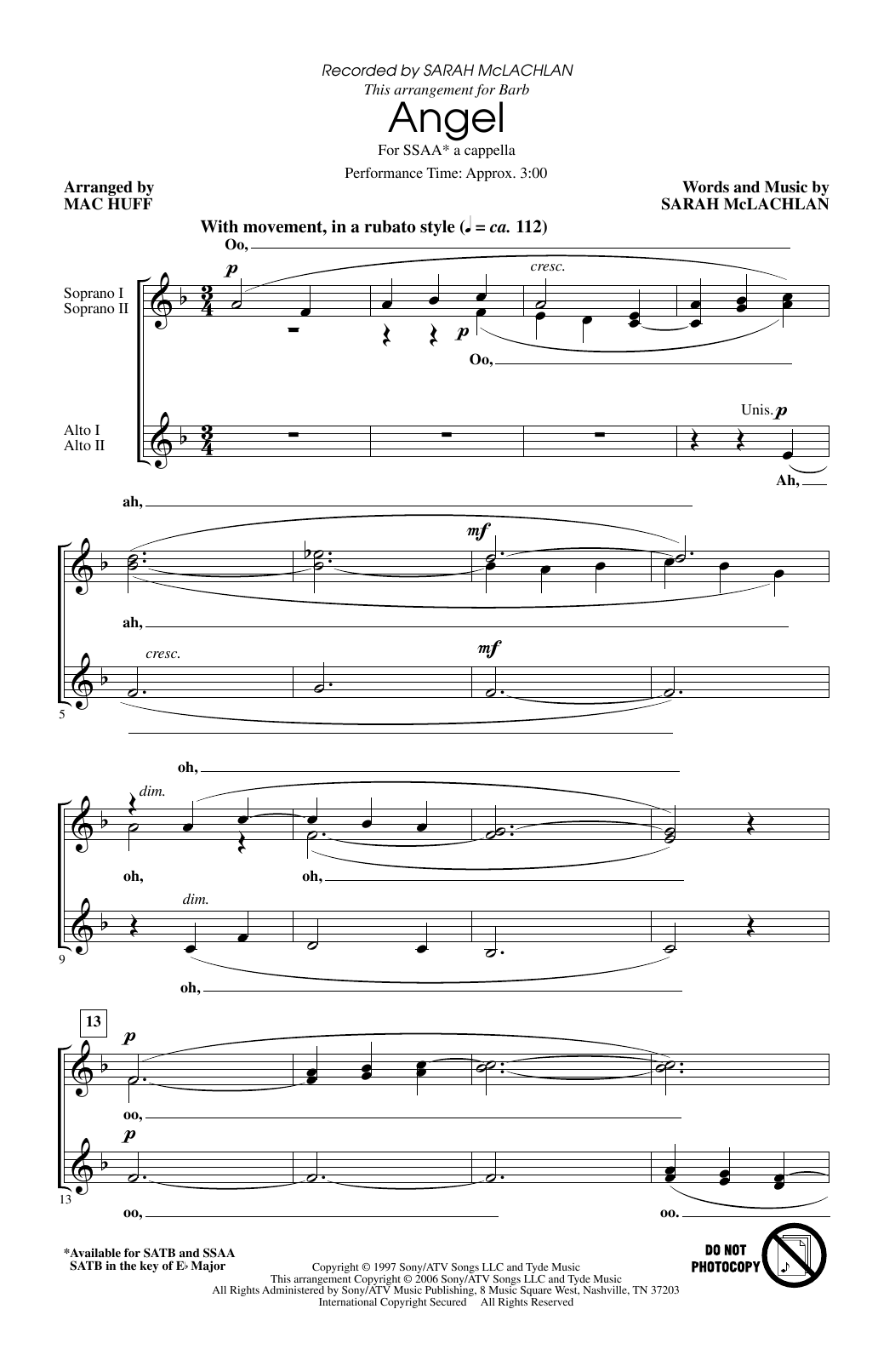 Download Sarah McLachlan Angel (arr. Mac Huff) Sheet Music and learn how to play SSA Choir PDF digital score in minutes